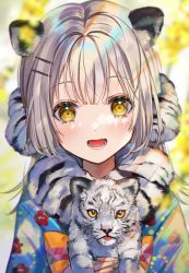 Rule 34 | 1girl, animal ears, blush, grey hair, hair ornament, hairclip, highres, japanese clothes, kimono, looking at viewer, open mouth, original, samo cha, smile, solo, tiger, tiger ears, tiger girl, upper body, white hair, white tiger, yellow eyes