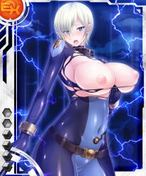 Rule 34 | 00s, 1girl, belt, blonde hair, blue eyes, blue lips, blush, bodysuit, grabbing another&#039;s breast, breasts, breasts out, card (ex-orange), card (ex-sr), card (medium), covered navel, electricity, female focus, gloves, grabbing, inverted nipples, large breasts, laura flockhart, lilith-soft, looking at viewer, miyamoto issa, moaning, nipples, open mouth, shiny skin, short hair, solo, standing, taimanin (series), taimanin asagi, taimanin asagi battle arena all card gallery, taimanin asagi kessen arena, thigh strap, torn bodysuit, torn clothes, weapon, white background