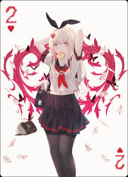 Rule 34 | 1girl, alice in wonderland, arms behind head, bad id, bad pixiv id, bag, black pantyhose, black skirt, blonde hair, blue eyes, book, bookbag, bread, bread slice, bug, butterfly, button eyes, buttons, card, feet out of frame, floating card, food, food in mouth, hair ornament, hairband, heart, heart hair ornament, highres, insect, long hair, merry hearm, mouth hold, navel, original, pantyhose, playing card, playing card theme, pleated skirt, school uniform, serafuku, skirt, solo, stuffed animal, stuffed rabbit, stuffed toy, toast, toast in mouth, x hair ornament