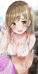 Rule 34 | 5girls, bikini, blurry, blurry background, blush, breasts, character request, collarbone, commentary request, eating, fang, frilled bikini, frills, green eyes, hair bobbles, hair ornament, hand on own thigh, highres, inuyama aoi, kagamihara nadeshiko, large breasts, looking at viewer, multiple girls, open mouth, outdoors, rouka (akatyann), shima rin, short hair, side ponytail, skin fang, swimsuit, thick eyebrows, wet, white bikini, yurucamp