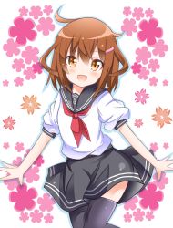 Rule 34 | 10s, 1girl, bad id, bad pixiv id, black thighhighs, blush, brown eyes, brown hair, fang, hair ornament, hairclip, highres, ikazuchi (kancolle), kantai collection, looking at viewer, neckerchief, open mouth, puffy sleeves, red neckerchief, school uniform, serafuku, shinekalta, shirt, short sleeves, skirt, smile, solo, thighhighs, zettai ryouiki