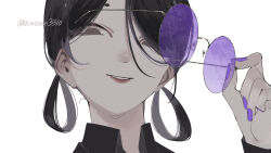 1girl black_hair commentary hair_over_one_eye hair_rings hand_up highres holding holding_removed_eyewear looking_at_viewer nail_polish original parted_hair parted_lips portrait purple-tinted_eyewear purple_nails round_eyewear shimizu_en_(shimizuen3310) simple_background smile solo sunglasses symbol-only_commentary tinted_eyewear twitter_username unworn_eyewear watermark white_background