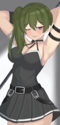 1girl absurdres arm_strap armlet arms_behind_head arms_up bare_shoulders belt black_belt black_choker black_dress black_gloves blush breasts choker cleavage commentary cowboy_shot curvy dress gloves green_hair grey_background hair_between_eyes highres jewelry jitome large_breasts long_hair looking_at_viewer o-ring o-ring_choker one_eye_closed parted_lips pleated_dress purple_eyes seductive_smile short_dress side_ponytail simple_background single_glove skindentation sleeveless sleeveless_dress smile solo sousou_no_frieren suspenders_hanging ubel_(sousou_no_frieren) woodhxx