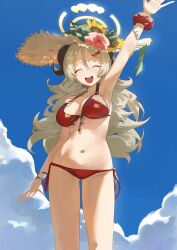 Rule 34 | 1girl, absurdres, arm up, armpits, bikini, blonde hair, blue archive, blue sky, breasts, closed eyes, cloud, commentary, cowboy shot, curly hair, day, facing viewer, flipped hair, flower, front-tie bikini top, front-tie top, hair flower, hair ornament, hairclip, halo, hat, highres, izumi (blue archive), izumi (swimsuit) (blue archive), large breasts, long hair, navel, official alternate costume, open mouth, outstretched arm, red bikini, sb lama, scrunchie, sky, smile, solo, straw hat, sun hat, swimsuit, waving, wrist scrunchie, wristband