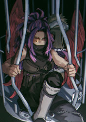 Rule 34 | 1boy, 1girl, aged down, artist name, back-to-back, bare arms, bare shoulders, bend, black background, black legwear, black pants, black shirt, blonde hair, blood, blood on face, blue hair, boku no hero academia, boots, brown jacket, cage, eyebrows, facing away, feathered wings, feathers, fur trim, goggles, hawks (boku no hero academia), high ponytail, jacket, kadeart, lady nagant, long hair, looking at viewer, multicolored hair, pale skin, pants, parted bangs, pink hair, ponytail, prison, red eyes, red wings, shirt, short hair, sleeveless, spoilers, twitter username, two-tone hair, watermark, wings