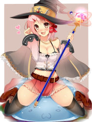 Rule 34 | 1girl, :d, belt, blush, boots, breasts, brown eyes, cape, cleavage, detached sleeves, fantasy, fay (fay axl), hair ribbon, hat, heart, large breasts, midriff, navel, open mouth, original, pink hair, ribbon, skirt, slime (creature), smile, solo, staff, thighhighs, witch hat, zettai ryouiki