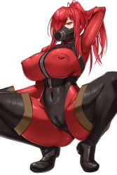 Rule 34 | 1girl, akitsuki karasu, black footwear, bodysuit, boots, breasts, cameltoe, cleft of venus, covered erect nipples, covered navel, gas mask, highres, large breasts, long hair, looking at viewer, mask, ponytail, pyro (tf2), red bodysuit, red eyes, red hair, red pyro (tf2), solo, squatting, thigh boots, zipper