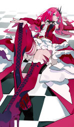 Rule 34 | 1girl, absurdres, baobhan sith (fate), baobhan sith (first ascension) (fate), boots, bow, breasts, checkered floor, closed mouth, detached sleeves, dress, fate/grand order, fate (series), frilled dress, frills, grey eyes, hair ornament, hand on own knee, hand up, highres, knee up, long hair, looking at viewer, lying, medium breasts, mo (this-is-mo), nail polish, on back, on floor, pink hair, platform footwear, platform heels, pointy ears, red dress, red nails, sidelocks, solo, thigh boots, thighs