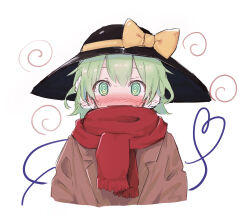 Rule 34 | 1girl, @ @, absurdres, black hat, blush, bow, brown jacket, cropped torso, ear blush, green eyes, green hair, hair between eyes, haramaki (haranomaki), hat, hat bow, heart, heart of string, highres, jacket, komeiji koishi, long sleeves, looking at viewer, nose blush, red scarf, scarf, short hair, simple background, solo, sweat, touhou, upper body, white background, yellow bow