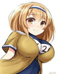 Rule 34 | 10s, 1girl, blonde hair, breasts, brown eyes, don (29219), hairband, i-26 (kancolle), kantai collection, large breasts, light brown hair, long hair, looking at viewer, new school swimsuit, one-piece swimsuit, sailor collar, school swimsuit, short sleeves, smile, solo, swimsuit, two-tone hairband, two side up, upper body