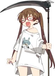 Rule 34 | 1girl, bespectacled, blush, brown hair, clothes writing, collarbone, english text, closed eyes, glasses, holding, holding scythe, karei, long hair, long sleeves, off shoulder, open mouth, red-framed eyewear, scythe, shirt, short sleeves, simple background, solo, tsukuyomi ai, twintails, very long hair, voiceroid, white background, white shirt