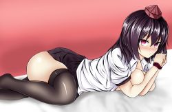 Rule 34 | 1girl, :/, bdsm, black hair, black thighhighs, blush, bondage, bound, bound wrists, breasts squeezed together, breasts, commentary, deep skin, hat, highres, isshin (sasayamakids), itusin3, large breasts, light frown, looking at viewer, lying, miniskirt, on bed, on side, open clothes, open shirt, pleated skirt, purple eyes, restrained, shameimaru aya, shirt, short hair, skirt, solo, solo focus, thighhighs, tokin hat, touhou