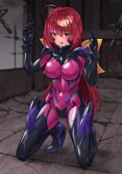 Rule 34 | 1girl, ahoge, blush, bodysuit, breasts, clenched teeth, fortified suit, frown, gun, hands up, highres, kagami sumika, kurione (zassou), long hair, looking at viewer, low ponytail, medium breasts, muv-luv, muv-luv alternative, open mouth, pink bodysuit, red eyes, red hair, ribbon, shiny clothes, sidelocks, skin tight, solo, teeth, weapon, yellow ribbon