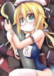 Rule 34 | 10s, 1girl, ahoge, between breasts, blonde hair, blue eyes, book, breasts, glasses, hat, i-8 (kancolle), kantai collection, large breasts, looking at viewer, low twintails, name tag, one-piece swimsuit, ouno (nounai disintegration), peaked cap, red-framed eyewear, sailor hat, school swimsuit, semi-rimless eyewear, smile, solo, swimsuit, thighhighs, thighs, torpedo, twintails, under-rim eyewear, white thighhighs