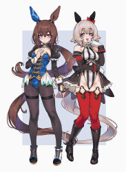 2girls adapted_costume admire_vega_(umamusume) animal_ears ankle_boots asymmetrical_footwear bare_shoulders black_boots black_pantyhose blue_leotard blush boots bow brown_hair curren_chan_(umamusume) detached_collar ear_bow ear_covers fake_animal_ears full_body gloves grey_hair groin hair_between_eyes highleg highleg_leotard highres horse_ears horse_girl horse_tail jacket knee_boots leotard long_hair long_sleeves low_ponytail mismatched_footwear multicolored_boots multiple_girls necktie nontraditional_playboy_bunny off-shoulder_jacket off_shoulder open_clothes open_jacket open_mouth pantyhose ponytail purple_eyes red_bow red_thighhighs sarcophage short_hair simple_background single_ear_cover smile striped_clothes striped_leotard tail thigh_strap thighhighs two-tone_boots umamusume very_long_hair white_background white_boots white_gloves white_necktie