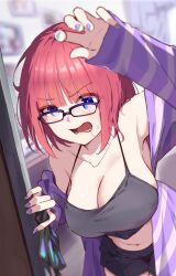 Rule 34 | 1girl, bare shoulders, bedroom, blue eyes, blunt bangs, blurry, blurry background, breasts, bright pupils, camisole, cardigan, cleavage, collarbone, crop top, doorway, glasses, go-toubun no hanayome, gradient nails, highres, hyoe (hachiechi), indoors, large breasts, leaning forward, long hair, looking at viewer, midriff, nakano nino, navel, open cardigan, open clothes, open mouth, red eyes, solo, strap gap