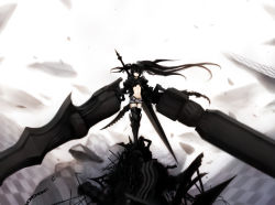 Rule 34 | 10s, 1girl, arm cannon, armor, bad id, bad pixiv id, belt, belt skirt, black rock shooter, chain, checkered floor, destruction, dual wielding, floor, greaves, highres, holding, huge weapon, insane black rock shooter, long hair, navel, purple eyes, short shorts, shorts, siv (kuroino), solo, standing, star (symbol), sword, thighhighs, twintails, uneven twintails, weapon
