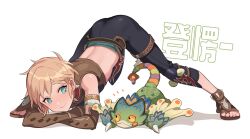 Rule 34 | 1boy, blonde hair, blue eyes, character request, child, creature, jack-o&#039; challenge, male focus, ming (5unri5e666), monster hunter (series), sandals, smile, spread legs, toes, trap