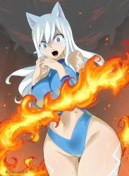 Rule 34 | 1girl, animal ears, blue eyes, breasts, cat ears, colorized, eden&#039;s zero, fire, gaston18, highres, large breasts, long hair, mashima hiro, navel, open mouth, rebecca bluegarden, thick thighs, thighs, wide hips