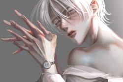 Rule 34 | 1boy, bare shoulders, fingernails, grey background, grey eyes, hair between eyes, highres, kohaku 0, lobor, looking at viewer, mole, mole under mouth, original, own hands together, portrait, short hair, simple background, solo, watch, white hair, wristwatch