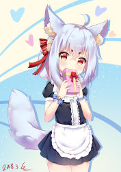 Rule 34 | 1girl, ahoge, animal ears, apron, bell, black dress, blue bow, blue nails, blush, bow, box, brown eyes, center frills, chihong de tianshi, commentary request, covered mouth, cowboy shot, dated, dress, fingernails, fox ears, fox tail, frills, gift, gift box, hair between eyes, hair bow, hair ornament, head tilt, heart, highres, holding, holding gift, jingle bell, long hair, looking at viewer, nail polish, original, pom pom (clothes), red bow, short eyebrows, sidelocks, silver hair, solo, striped, striped bow, tail, thick eyebrows, waist apron, white apron