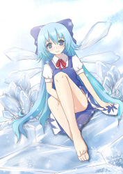 Rule 34 | 1girl, absurdres, alternate hairstyle, bad anatomy, bad feet, barefoot, blue eyes, blue hair, blush, bow, cirno, artistic error, feet, female focus, highres, ice, long hair, matching hair/eyes, natsume riu, poorly drawn, smile, snow, snowflakes, solo, embodiment of scarlet devil, touhou, very long hair, wings