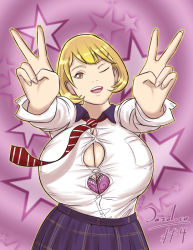 Rule 34 | 10s, 1girl, bra, breasts, brown eyes, brown hair, bursting breasts, cleavage, curvy, dazol, gigantic breasts, hair ornament, hairclip, huge breasts, looking at viewer, matching hair/eyes, narusawa ryouka, necktie, occultic;nine, one eye closed, open mouth, school uniform, shirt, shirt tucked in, short hair, skirt, smile, solo, star (symbol), underwear, upper body, wardrobe malfunction, wide hips