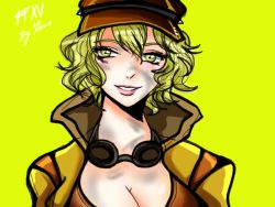 Rule 34 | 10s, 1girl, baseball cap, blonde hair, breasts, cidney aurum, cleavage, dirty, dirty face, female focus, final fantasy, final fantasy xv, goggles, goggles around neck, green background, green eyes, hat, kami (kamitsure12), large breasts, lips, short hair, signature, smile, solo, upper body