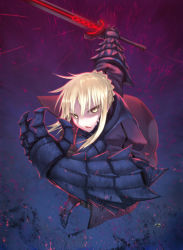 Rule 34 | 1girl, armor, armored dress, artoria pendragon (fate), blonde hair, dress, excalibur morgan (fate), fate/stay night, fate (series), perspective, saber (fate), saber alter, solo, sword, weapon, yellow eyes, zhen lu