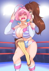 Rule 34 | 2girls, absurdres, asphyxiation, brown hair, commission, fang, highres, multiple girls, pixiv commission, strangling, taneshima popura, whitecawfeee, wrestling, wrestling outfit, wrestling ring, yumemi riamu