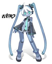 Rule 34 | absurdres, ahoge, alternate costume, alternate design, android, aqua necktie, bare shoulders, black skirt, black sleeves, blue hair, character name, cheri zao, commentary, green eyes, hatsune miku, highres, long hair, looking at viewer, multicolored hair, necktie, number tattoo, proto miku (cheri zao), robot girl, see-through, see-through skirt, see-through sleeves, simple background, skirt, tattoo, twintails, two-tone hair, very long hair, vocaloid, white background, white hair