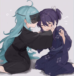 Rule 34 | 2boys, absurdly long hair, absurdres, aged down, ahoge, aqua hair, black kimono, black veil, child, closed eyes, comforting, crying, doui, ensemble stars!, facing ahead, feet out of frame, grey background, hair spread out, hand in another&#039;s hair, hand up, hands up, highres, japanese clothes, kanzaki souma, kimono, kneeling, light blush, long hair, looking at another, male focus, motoyui, multiple boys, on floor, open mouth, parted lips, purple hair, purple kimono, see-through, see-through veil, shinkai kanata, short ponytail, sitting, trap, veil, very long hair, wavy hair, wide sleeves, yokozuwari, yukata