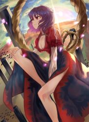 Rule 34 | 1girl, bird, black skirt, blue sleeves, breasts, cleavage, closed mouth, cloud, commentary request, foot out of frame, haido (unisan), hand on own knee, large breasts, layered sleeves, legs, lens flare, long sleeves, onbashira, outdoors, purple hair, red eyes, red shirt, rope, shimenawa, shirt, short hair, short over long sleeves, short sleeves, sitting, skirt, sun, touhou, yasaka kanako