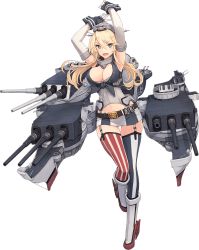 Rule 34 | 1girl, arms up, asymmetrical legwear, bare shoulders, belt, belt buckle, blonde hair, blue eyes, boots, breasts, buckle, cleavage, elbow gloves, fingerless gloves, front-tie top, full body, garter straps, gloves, hair between eyes, high heel boots, high heels, highres, iowa (kancolle), kantai collection, knee boots, large breasts, long hair, looking at viewer, machinery, miniskirt, mismatched legwear, official art, open mouth, shizuma yoshinori, skirt, smile, solo, star-shaped pupils, star (symbol), striped clothes, striped skirt, striped thighhighs, symbol-shaped pupils, thighhighs, transparent background, turret, vertical-striped clothes, vertical-striped skirt, vertical-striped thighhighs, white footwear, zettai ryouiki
