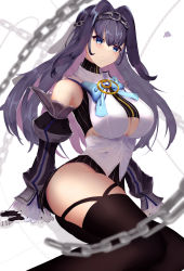 Rule 34 | 1girl, absurdres, alternate hair length, alternate hairstyle, black gloves, black shirt, black skirt, black thighhighs, blue bow, blue eyes, blue hair, blurry, blurry foreground, blush, bow, bowtie, breasts, chain, chain headband, cleavage, closed mouth, commentary, crop top, detached sleeves, english commentary, feet out of frame, gloves, hair between eyes, hair intakes, head chain, heart-shaped gem, highres, hololive, hololive english, jewelry, large breasts, long hair, miniskirt, ouro kronii, shirt, simple background, sitting, skindentation, skirt, solo, striped clothes, striped shirt, striped skirt, thighhighs, thighs, turtleneck, underboob, undershirt, vertical-striped clothes, vertical-striped shirt, vertical-striped skirt, virtual youtuber, votato, white background, white shirt, zipper
