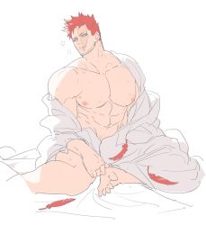 Rule 34 | 1boy, abs, alternate costume, annoyed, bara, beard, blue eyes, boku no hero academia, deavor lover, endeavor (boku no hero academia), facial hair, feathers, full body, hickey, large pectorals, male focus, manly, muscular, partially undressed, pectorals, red hair, revealing clothes, scar, solo, spiked hair, upper body