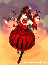 Rule 34 | 10s, 1girl, black hair, breasts, bug, butterfly, cleavage, company name, dress, elbow gloves, flower, gloves, hair flower, hair ornament, insect, long hair, multicolored hair, official art, pantyhose, red dress, red gloves, red hair, sasamori tomoe, solo, spider lily, streaked hair, striped clothes, striped pantyhose, two-tone hair, vertical-striped clothes, vertical-striped pantyhose, white flower, white spider lily, wixoss
