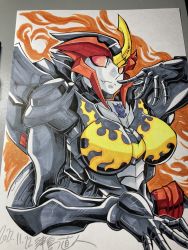 Rule 34 | 1girl, alien, artist request, breasts, colored skin, fire, fire, flamewar, grey skin, helmet, highres, humanoid robot, large breasts, red eyes, robot, shiny skin, solo, transformers, transformers prime