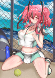 Rule 34 | 1girl, absurdres, azur lane, bad id, bad pixiv id, ball, bare legs, beach, blue sky, blush, bottle, breast suppress, breasts, bremerton (azur lane), bremerton (scorching-hot training) (azur lane), chain-link fence, cleavage, cloud, collarbone, commentary request, crop top, crop top overhang, day, fence, full body, green skirt, grey hair, hair between eyes, hair intakes, hair ornament, hairclip, heart, heart necklace, heavy breathing, highres, horizon, island, jewelry, kneeling, large breasts, long hair, looking at viewer, midriff, mole, mole under eye, multicolored hair, navel, necklace, ocean, okine (okine691), outdoors, pink eyes, pink hair, racket, sand, shadow, shirt, shoes, sidelocks, skirt, sky, sleeveless, sleeveless shirt, smile, sneakers, solo, sportswear, streaked hair, sweat, tennis ball, tennis racket, tennis uniform, twintails, two-tone hair, two-tone skirt, water bottle, white shirt, white skirt