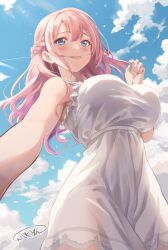 Rule 34 | 1girl, blue eyes, blue sky, blush, braid, breasts, cloud, cloudy sky, day, dress, french braid, highres, large breasts, long hair, looking at viewer, open mouth, original, outdoors, pukur, see-through, signature, sky, smile, solo, sunlight, white dress