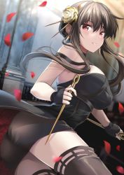 Rule 34 | 1girl, ass, bare shoulders, black dress, black gloves, black hair, black thighhighs, breasts, dagger, dress, fingerless gloves, flower, gloves, gold hairband, hair flower, hair ornament, hairband, izumi akane, knife, large breasts, long hair, looking at viewer, parted lips, petals, red eyes, rose, sidelocks, solo, spy x family, thighhighs, thighs, weapon, yor briar