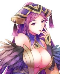Rule 34 | 1girl, breasts, cleavage, feather trim, fire emblem, fire emblem heroes, hat, large breasts, loki (fire emblem), long hair, nintendo, parted lips, purple eyes, purple hair, simple background, solo, tarayuki, upper body, white background