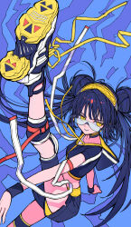 Rule 34 | 1girl, armband, black armband, blue hair, blue shorts, commentary, cropped shirt, double bun, drawstring, glasses, hair bun, highres, hood, hood down, hooded shirt, kaneni, knee guards, leg up, long hair, looking at viewer, multicolored hair, original, parted lips, shoe soles, shoes, short sleeves, shorts, sneakers, solo, streaked hair, symbol-only commentary, yellow eyes