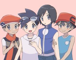 Rule 34 | 4boys, :d, adapted costume, bare arms, black hair, blue jacket, blue shirt, blush, calem (pokemon), closed mouth, commentary request, creatures (company), elio (pokemon), ethan (pokemon), game freak, goggles, goggles on head, grey eyes, hair between eyes, hand up, hat, highres, index fingers together, jacket, lucas (pokemon), male focus, multiple boys, nintendo, open mouth, parted lips, pokemon, pokemon dppt, pokemon masters ex, pokemon usum, pokemon xy, red headwear, sana (37pisana), shirt, short hair, sleeveless, sleeveless jacket, sleeveless shirt, smile, tan, tongue, turtleneck, turtleneck jacket