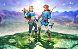 Rule 34 | 1boy, 1girl, arm guards, belt, bird, blonde hair, blue pants, blue shirt, blue tunic, book, bow (weapon), brown footwear, brown hair, commentary request, fingerless gloves, genzoman, gloves, grass, green eyes, grin, hair ornament, hairclip, highres, holding, holding book, holding hands, holding sword, holding weapon, landscape, link, looking at viewer, master sword, mountainous horizon, nature, nintendo, pants, pointy ears, princess zelda, shield, shield on back, shirt, sky, smile, strap, sun, sword, the legend of zelda, the legend of zelda: breath of the wild, tree, tunic, weapon