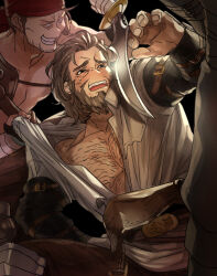 Rule 34 | 3boys, bara, beard, blush, brown hair, chest hair, clothes pull, dan (granblue fantasy), facial hair, feet out of frame, granblue fantasy, hair slicked back, hand up, holding, holding sword, holding weapon, imminent rape, karipaku, large pectorals, male focus, mature male, medium hair, multiple boys, muscular, muscular male, mutton chops, pectoral cleavage, pectorals, pirate, pulling another&#039;s clothes, shirt pull, solo focus, sweatdrop, sword, sword to throat, threat, undressing another, weapon, wrinkled skin