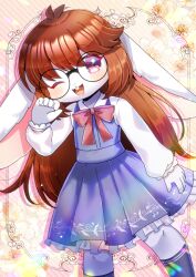 Rule 34 | 1girl, ;d, animal ears, black-framed eyewear, black socks, blue dress, blush, bow, brown hair, buck teeth, collared shirt, colored skin, commentary request, commission, dress, feet out of frame, floral background, furry, furry female, glasses, grey skin, kneehighs, kou hiyoyo, long hair, long sleeves, looking at viewer, one eye closed, open mouth, original, pleated dress, puffy long sleeves, puffy sleeves, purple eyes, rabbit ears, red bow, round eyewear, shirt, skeb commission, sleeveless, sleeveless dress, sleeves past wrists, smile, socks, solo, standing, striped background, teeth, very long hair, white shirt