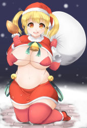 Rule 34 | 1girl, bell, neck bell, belly, bikini, blonde hair, blush, breasts, christmas, cleavage, collar, covered erect nipples, food, gloves, hat, headphones, highres, holding, huge breasts, kurokaze no sora, looking at viewer, navel, nitroplus, open mouth, orange eyes, plump, red gloves, sack, santa hat, short hair, smile, solo, super pochaco, swimsuit, thighhighs, turkey (food), twintails