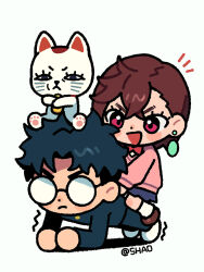 1boy 1girl artist_name ayase_momo black_hair black_jacket black_pants blue_skirt blush blush_stickers bow bowtie brown_footwear brown_hair cat chibi chibi_only closed_mouth commentary dandadan earrings exercising floating_earring full_body gakuran glasses hair_behind_ear hair_between_eyes highres jacket jewelry long_sleeves miniskirt motion_lines on_head open_mouth pants pink_sweater push-ups red_bow red_bowtie red_eyes round_eyewear school_uniform shao_(shaorouhong) shoes short_hair sitting sitting_on_person skirt smile sweater symbol-only_commentary takakura_ken_(dandadan) trembling turbo_granny v-shaped_eyebrows white_background white_footwear