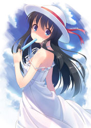Rule 34 | 1girl, bare arms, bare shoulders, black hair, blue eyes, blush, cloud, cloudy sky, cowboy shot, day, dress, eating, food, from side, hat, hat ribbon, hyuuga azuri, long hair, looking at viewer, looking back, off shoulder, original, popsicle, ribbon, see-through, see-through silhouette, sky, sleeveless, sleeveless dress, solo, strap slip, sun hat, sundress, sweat, white dress, white hat, wind